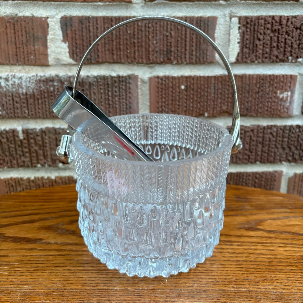 Vintage Midcentury France Made Tear Drop Textured Glass Ice Bucket with tongs